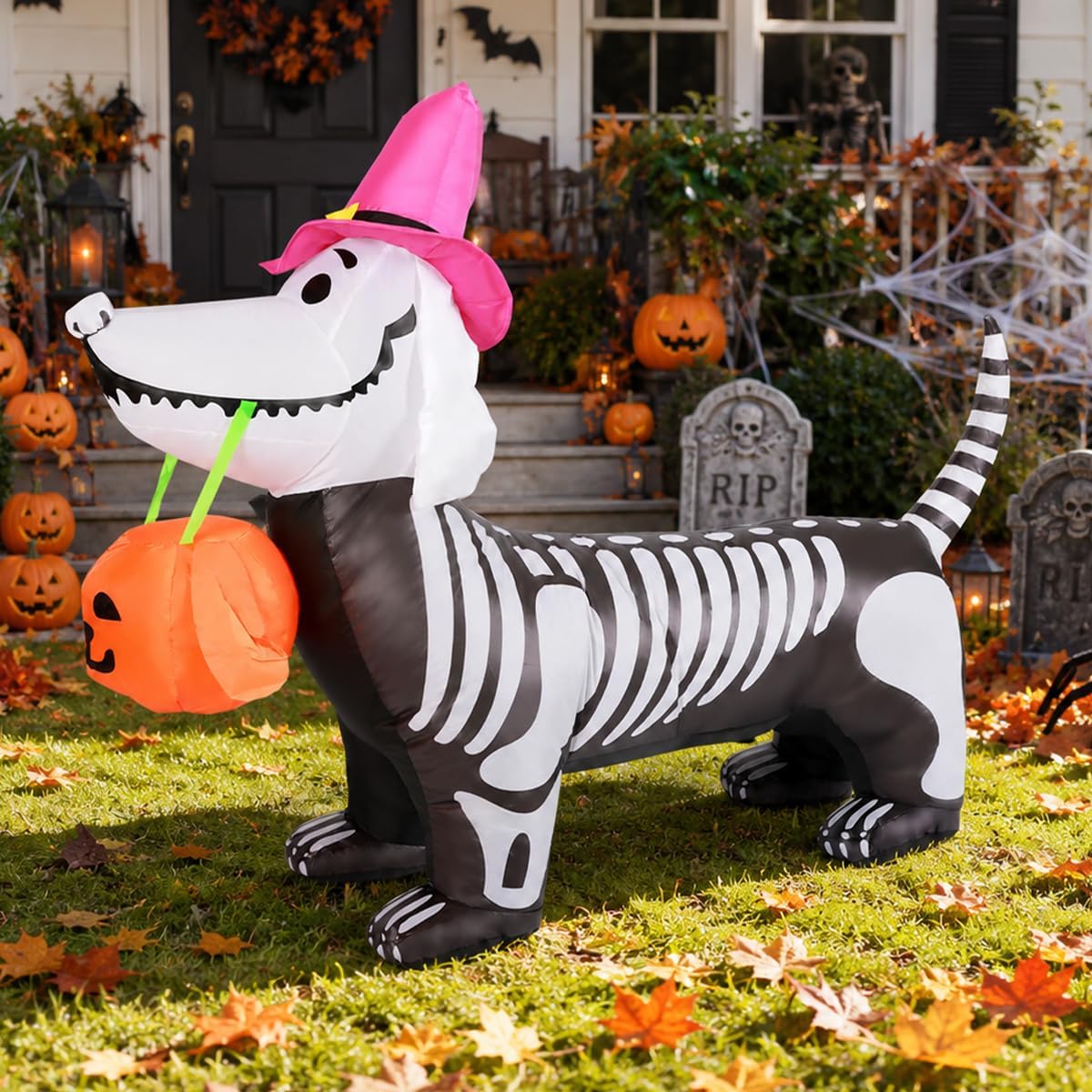 Halloween Inflatables Outdoor Decorations Skeleton Puppy Inflatable Yard Decoration with Build-in LEDs Blow Up Pumpkin for Halloween Party Indoor Outdoor Yard Garden