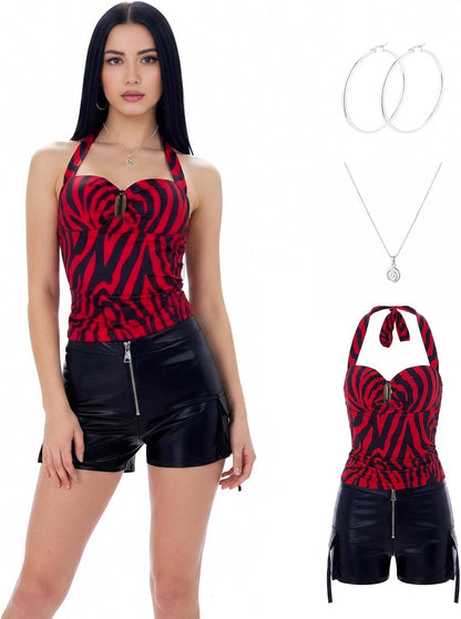 Obsessed Costume Set — Red Zebra Halter & Faux Leather Shorts