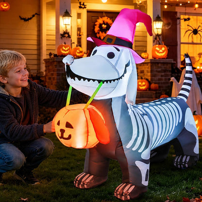 Halloween Inflatables Outdoor Decorations Skeleton Puppy Inflatable Yard Decoration with Build-in LEDs Blow Up Pumpkin for Halloween Party Indoor Outdoor Yard Garden
