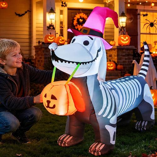 Halloween Inflatables Outdoor Decorations Skeleton Puppy Inflatable Yard Decoration with Build-in LEDs Blow Up Pumpkin for Halloween Party Indoor Outdoor Yard Garden