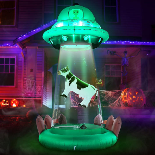 10 FT Halloween Inflatables UFO with Floating Cow Outdoor Decorations
