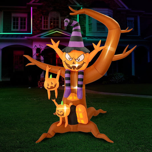 8ft Height Halloween Inflatable Tree with Pumpkin Ghost Elf and Tomb Built-in LED Lights Blow up Outdoor Lawn Yard Decoration