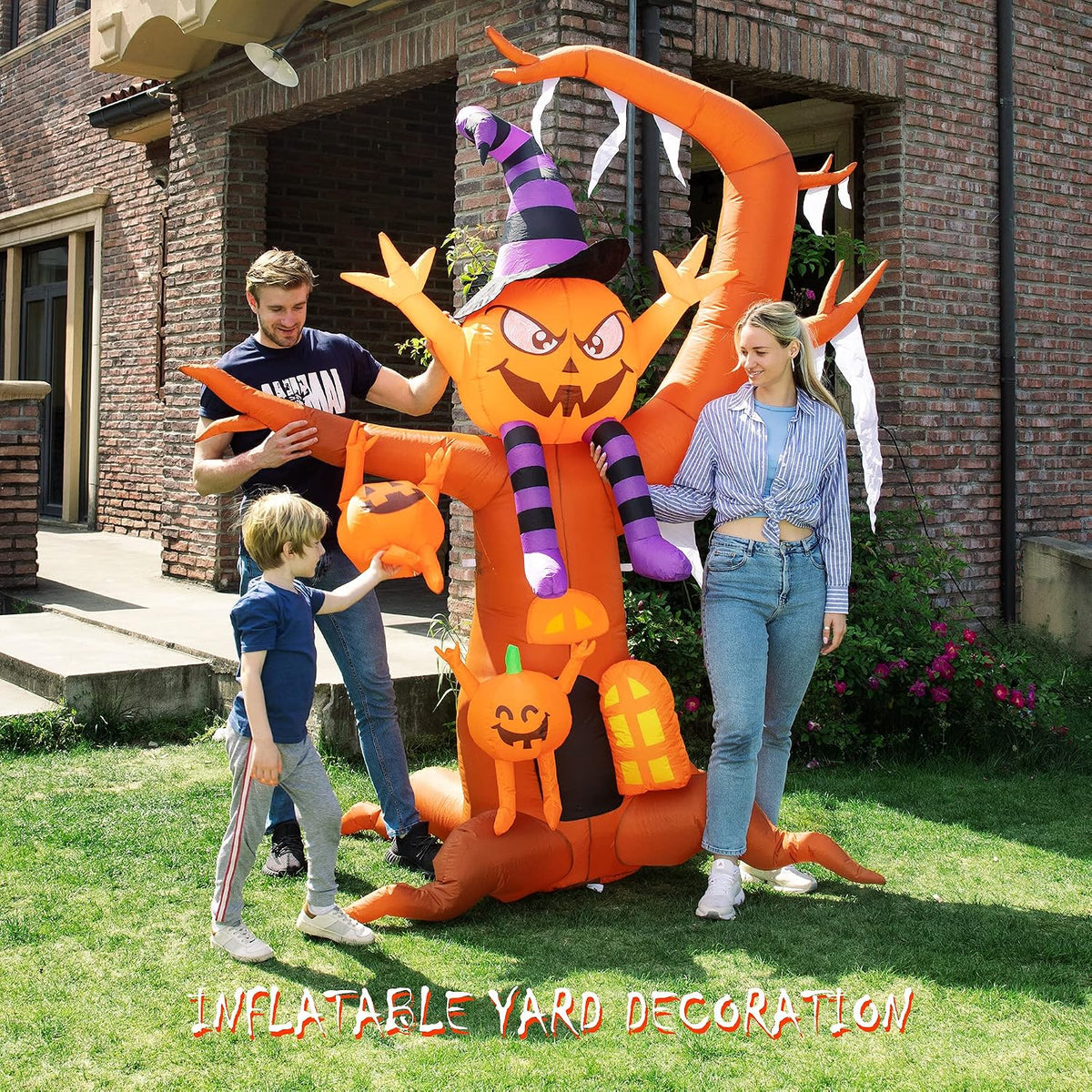 8ft Height Halloween Inflatable Tree with Pumpkin Ghost Elf and Tomb Built-in LED Lights Blow up Outdoor Lawn Yard Decoration